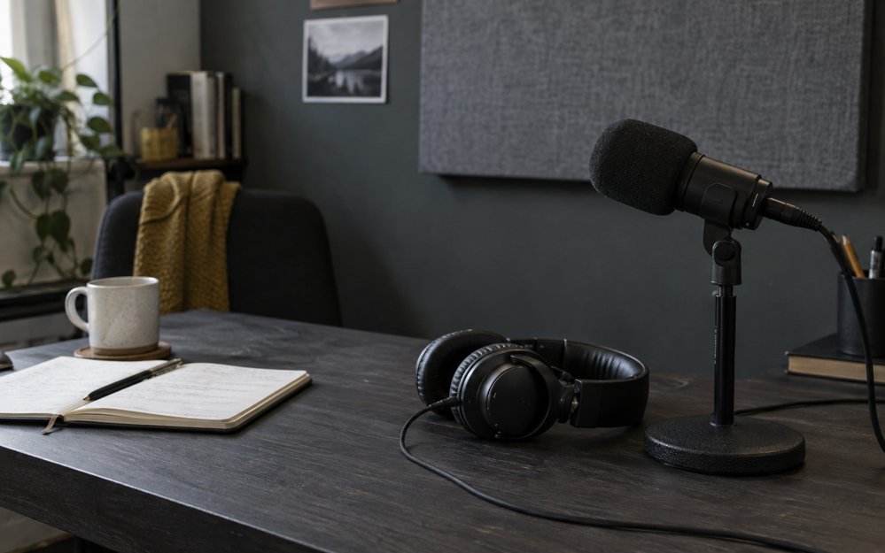 A recording microphone and headphones